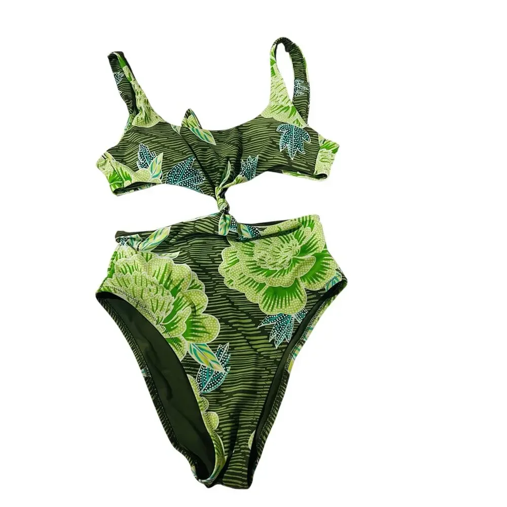 Aerie Green Floral Knot Front One Piece Swimsuit Size S Small